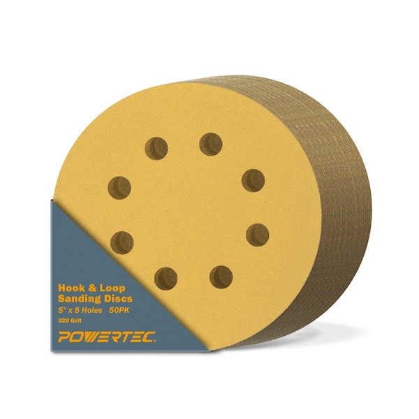 Powertec 5 in. x 8 Holes, 320 Grit, A/O Hook & Loop Sanding Disc, Gold, 50PK 44032G-50 - main
